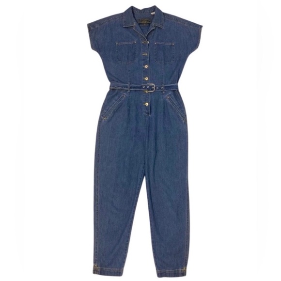 Vintage 90s Liz Claiborne Blue Denim Romper with Belt and Collar - Picture 1 of 12
